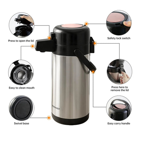 Airpot Coffee Carafe With Pump, 102oz 3L Insulated Stainless Steel Beverage Dispenser Keeps Hot Or Cold For 24 Hours, Ideal For Parties