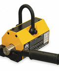 Grabs 5000 Lb Loads Without A Sweat Rare Earth Industrial Lifting Magnet with a black handle and yellow casing.