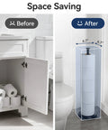 Comparison showing space-saving Free Standing Toilet Paper Holder with Reserve Function beside bathroom sink.