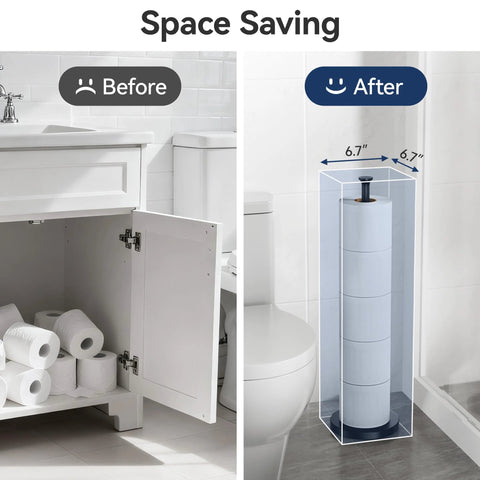 Comparison showing space-saving Free Standing Toilet Paper Holder with Reserve Function beside bathroom sink.