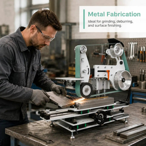 Drop Dead Solid 1500W Belt Grinder Sander 2X72 Variable Speed Floor Machine with grit wheels in metal fabrication.