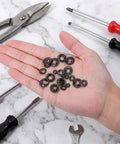 Internal Tooth Star Lock Washers 50 Pcs Set In 5 Sizes With Push On Speed Clips Built To Last Carbon Steel With Black Anodized Finish For Strong Spring Tension And Secure Fastening, assorted washers in hand