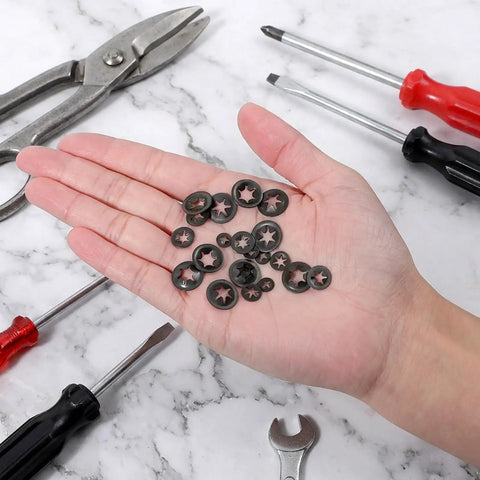 Internal Tooth Star Lock Washers 50 Pcs Set In 5 Sizes With Push On Speed Clips Built To Last Carbon Steel With Black Anodized Finish For Strong Spring Tension And Secure Fastening, assorted washers in hand