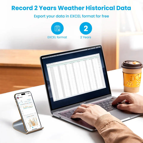 Person using laptop to view WiFi Smart Weather Station data in Excel, showcasing two-year data storage and export feature.