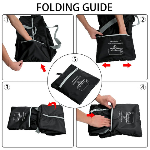 Folding guide showing steps to pack Foldable 75L Duffel Bag For Travel, Lightweight 30 Inch Carry On Alternative, Water Resistant Polyester