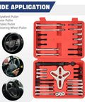 46 Piece Harmonic Balancer Puller Set And Steering Wheel Puller Kit in open red case with tools for cars, trucks, SUVs