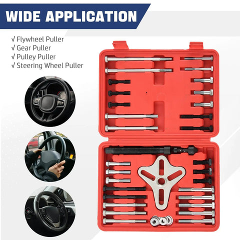 46 Piece Harmonic Balancer Puller Set And Steering Wheel Puller Kit in open red case with tools for cars, trucks, SUVs