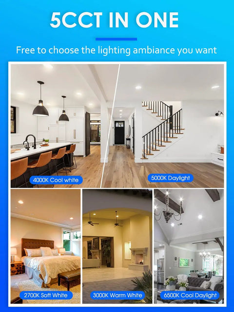 Image showing different lighting options for 12 Pack 6 Inch Retrofit LED Recessed Lighting Dimmable 12.5W to 100W Daylight 5000K 950 Lumen