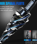 Cobalt Step Drill Bit Set 1/4 To 3/4 Inch With 1/4 Inch Hex Shank, 9 Sizes, Unibit, showing spiral flute design