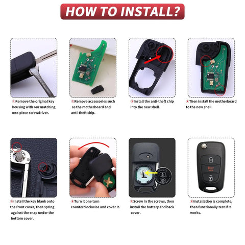 Installation steps for Kia Soul 2010 To 2013 Rio 2012 To 2014 Sportage 2012 To 2014 Three Button Flip Key Fob Shell Case Replacement.