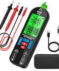 Rechargeable Digital Multimeter Tester With Smart Mode And Red Green Backlight, probes, USB cable, and carrying case