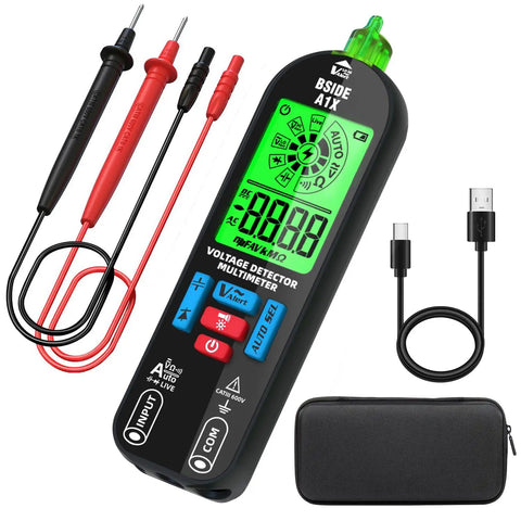 Rechargeable Digital Multimeter Tester With Smart Mode And Red Green Backlight, probes, USB cable, and carrying case