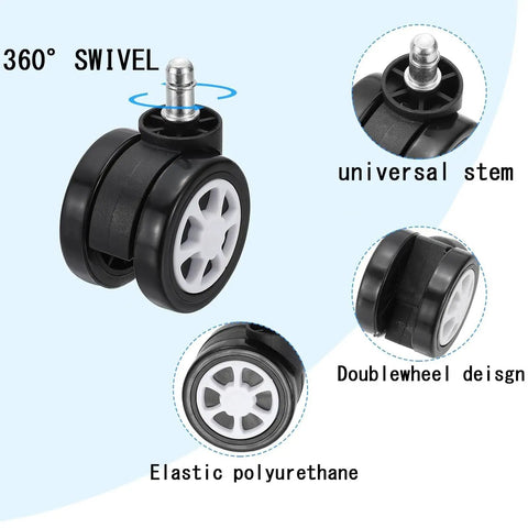 Heavy Duty Dual Roller Office Chair Casters Rolls Smooth And Quiet On Hardwood Floors Universal Replacement Wheels for gaming with swivel design.