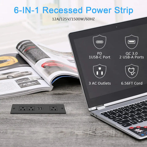 Laptop and magazine on desk with recessed desk power strip, featuring 3 AC outlets plus 2 fast charge USB ports, 6ft cord