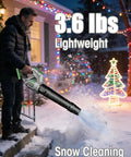 Man using Cordless Electric Leaf Blower Beast Power With 680 CFM And 200 MPH Air 5 Speed Dial Dual Battery Pack on snowy steps