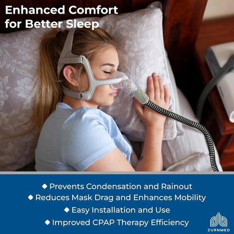 Woman using Climate-Line CPAP Hose for AirSense 10 and AirCurve 10, 6.5 ft long flexible tubing, in sleep therapy setup.