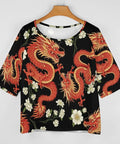 Lightweight Loose Fit Short Sleeve Boat Neck Tee For Women With Soft Breathable Polyester Spandex Blend, Easy Care Casual Top, Dragon Print Blouse Style
