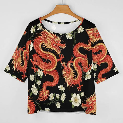 Lightweight Loose Fit Short Sleeve Boat Neck Tee For Women With Soft Breathable Polyester Spandex Blend, Easy Care Casual Top, Dragon Print Blouse Style