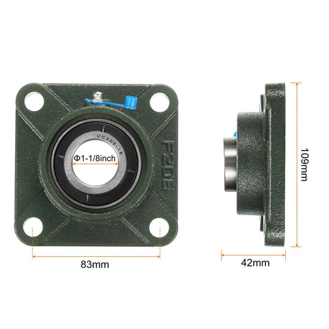 Pillow block bearing, uxcell UCF206-18, 1-1/8 in bore, green cast iron base, front and side views