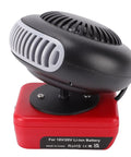 Cordless Battery Space Heater For Garage Jobsite 200 Watt Portable Warmer With Dual Usb Charging 360 Degree Swivel viewed from the side.