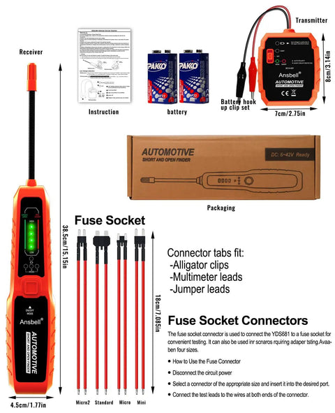 Gearhead Approved Circuit Tracer And Short Open Finder With Synced Led Bars And Audible Tone Generator For Hassle Free DC 6 To 42 V Car Truck Wiring Diagnostics with components and instructions.