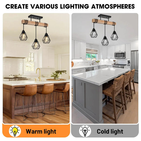 Rustic Farmhouse Pendant Light Fixtures Featuring Real Solid Wood And Sleek Black Metal Shades illuminating dining tables and kitchen islands.