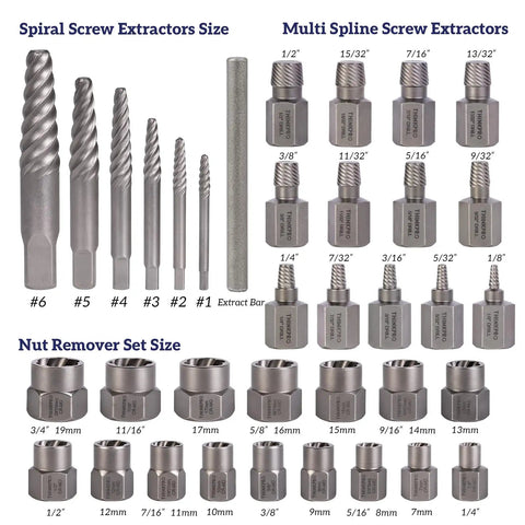 36 Piece Screw And Bolt Extractor Kit With 2 In 1 MultiSpline Lug Nut Remover for Stripped Damaged Bolts and Nuts shown in detail.