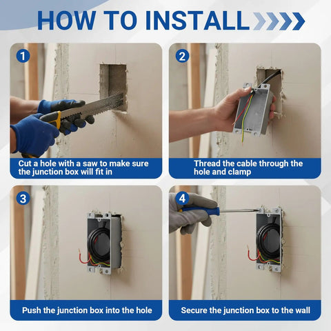 Bulk 4 Pack Plastic Shallow Electrical Boxes 8 Cu In Grey Single Gang Old Work Junction Boxes For Outlets And Switches ETL Certified And Easy Install Today installation steps