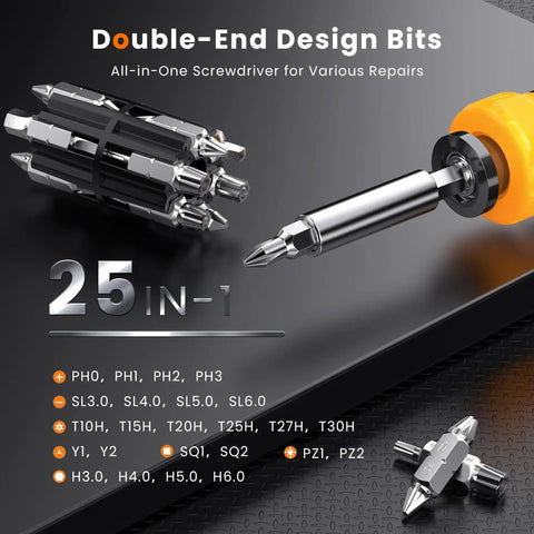 All In One Magnetic Screwdriver Set With 25 Tools Handy Portable Multitool Kit showcasing 25 double-end bits for home DIY repairs