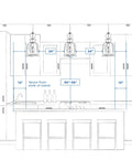 Kitchen lighting layout with pendant lights over island, showing measurements for optimal placement in modern kitchen design.