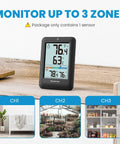 Indoor Outdoor Thermometer Wireless Weather Station With Comfort Indicator For Home And Patio Real Time Indoor Outdoor Temperature And Humidity Readings With One Sensor Easy Setup No Fuss Black, shown monitoring three zones