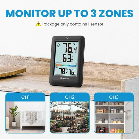 Indoor Outdoor Thermometer Wireless Weather Station With Comfort Indicator For Home And Patio Real Time Indoor Outdoor Temperature And Humidity Readings With One Sensor Easy Setup No Fuss Black, shown monitoring three zones