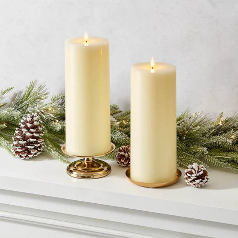 Flameless Pillar Candles Set Of 3 With Remote Real Ivory Wax 3D Flickering LED Flame 3 Inch Diameter on a decorated mantel