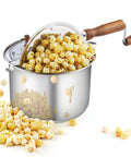 Heavy Duty Six Quart Stovetop Popcorn Popper With Sturdy Wooden Handle Quick Even Heat Distribution For Damn Good Tailgate Munchies And Weekend Couch Potato Movies filled with popcorn and partially open lid.