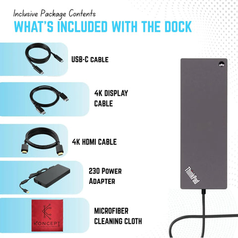 Next Level Thunderbolt 4 Docking Station For USB C Laptops Offering Seamless Dual 4K Monitor Hookup And Rapid Power Delivery package contents including cables and power adapter.