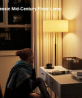Two Light Floor Lamp With White Fabric Shade illuminating a cozy living room corner with a desk and chair at night