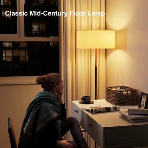 Two Light Floor Lamp With White Fabric Shade illuminating a cozy living room corner with a desk and chair at night