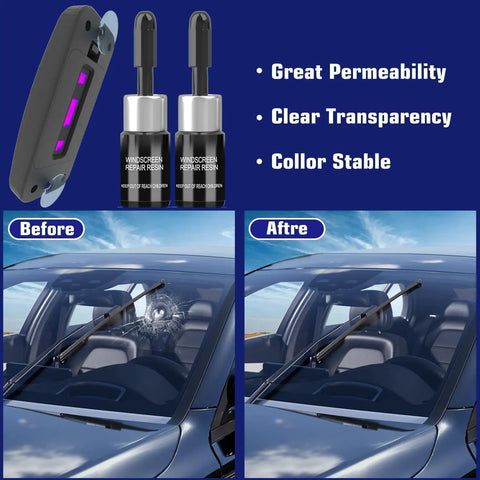 Pro Grade Windshield Repair Kit With Vacuum Technology 2 Piece Set Suction Cup Curing Light Auto Glass Repair Tool For Chips And Cracks Nano Resin System Sapphire Edition with before and after repair results