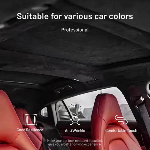 Installed view of Babnecl suede auto headliner fabric on car roof; black, foam-backed, 98 in × 60 in.