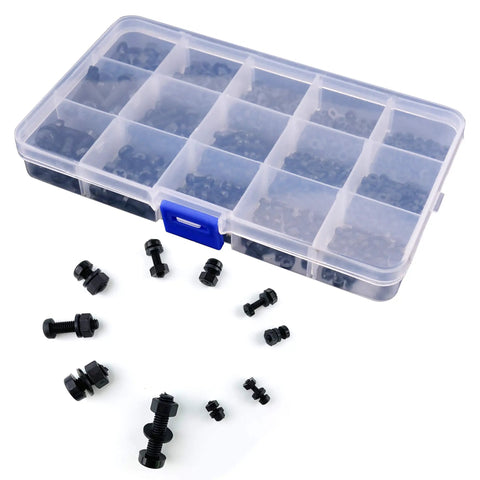 Top Shelf Heavy Duty Black Nylon Phillips Pan Head Screw And Hex Nut Assortment With 510 Metric Pieces M2 M2.5 M3 M4 M5 in storage box