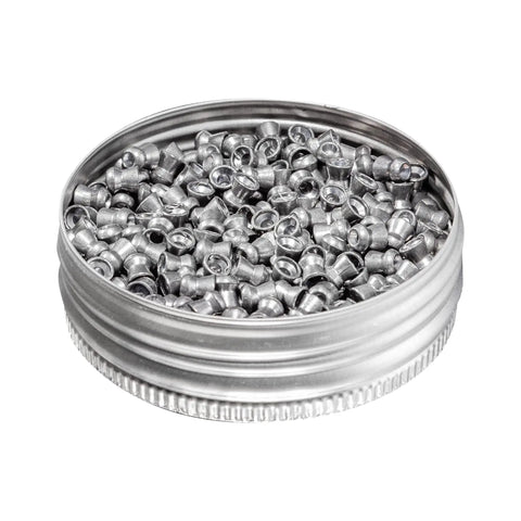 Open tin of Swarm 10X 177 Cal Hollow Point Lead Pellets 500 Count with visible pellets for air rifle