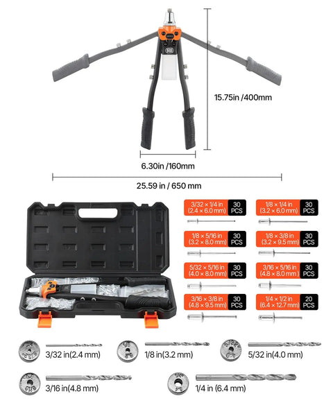 Two-Handed Pop Rivet Gun Kit With 230 Blind Rivets, 5 Interchangeable Nosepieces, 5 Drill Bits, Heavy Duty Carrying Case