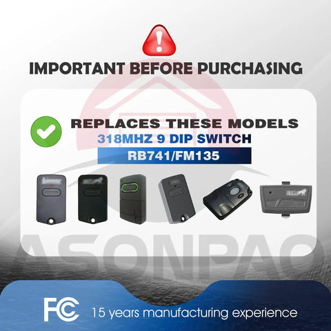Three Pack Gate Opener Remote For GTO Pro Access And Linear Systems FM135 RB741 MMT103 318MHz 9 Dip Switches image