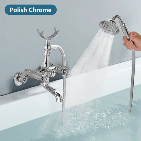 Polished Chrome Clawfoot Tub Faucet Set With Handheld Shower Wall Mount Tub Filler Two Cross Handles And Tub Spout Victorian Style