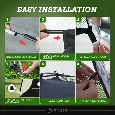 Step-by-step installation guide for Backyard Golf Net 10x7ft With Tri-Turf Mat Ball Target And Bag, showing assembly and setup.