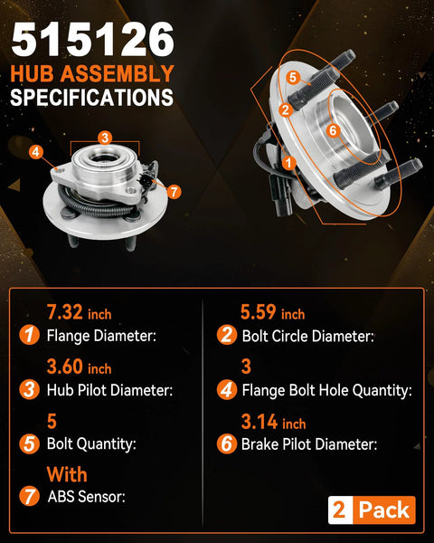 Specifications graphic for 2 Pack Front Wheel Bearing Hub Assembly For Dodge Ram 1500 2009 2010 2011 With ABS 5 Lug.
