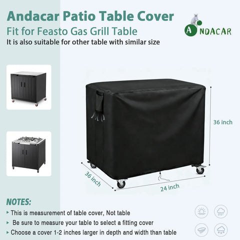 Heavy Duty Waterproof Outdoor Grill Table Cover For Feasto Gas Grill Table And Bar Cart Protects Against Dust Sun Rain And Water While Fitting 36 Inch Long By 24 Inch Wide By 36 Inch High Black, shown on a patio setup.