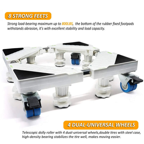 Heavy Duty Washing Machine Base Stand With Built Tough Movable Adjustable Frame, Eight Durable Feet And Four Locking Rubber Swivel Wheels, Roller Dolly For Dryer Or Washer