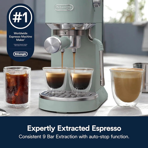 Compact Espresso Machine And Cold Brew Coffee Maker With Adjustable Milk Frother Wand For Smooth Hot Iced Lattes And Bold Cappuccinos brewing espresso in glass cups.