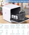 Hassle Free Countertop Dishwasher Fully Automatic Smart Drying Front Loading Compact with dishes inside and clear dimensions.
